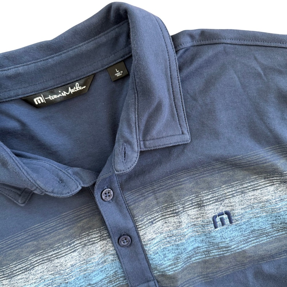 TravisMathew Men's Golf Polo Shirt Navy Blue Striped Chest Logo Size Large